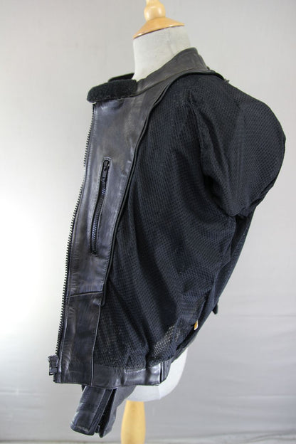ASHMAN BLACK COWHIDE LEATHER BIKER JACKET WITH REMOVABLE PROTECTORS: SIZE 12