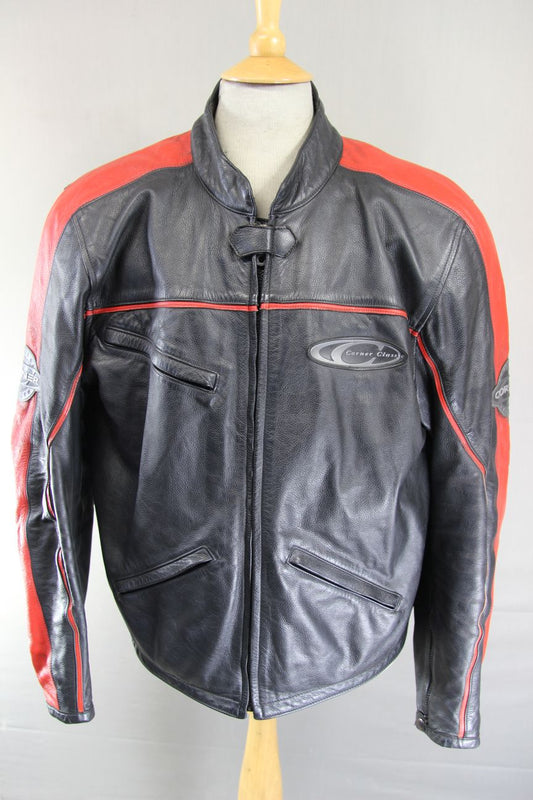 CORNER CLASSIC BLACK & RED LEATHER BIKER JACKET + ARMOUR/THERMAL LINING 48-50 IN