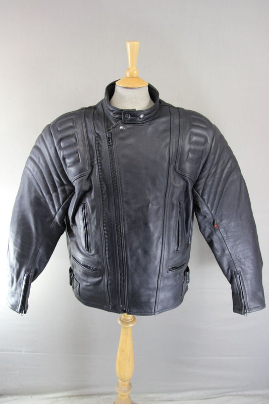 RICHA BLACK LEATHER BIKER JACKET WITH BACK, SHOULDER & ELBOW CE ARMOUR 46-48 IN
