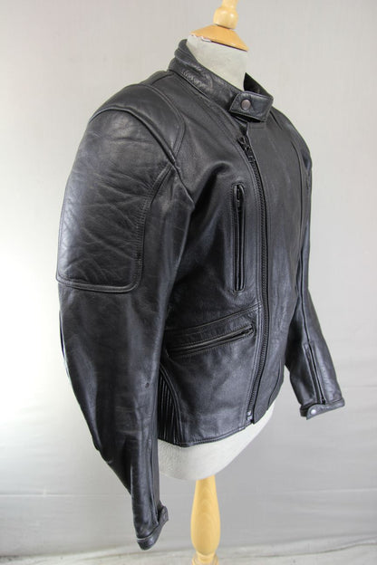 FRANK THOMAS BLACK LEATHER BIKER JACKET + BACK PROTECTOR & THERMAL LINING 36-38"