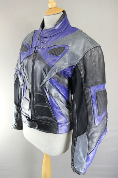 CLASSIC BLACK, BLUE & SILVER LEATHER BIKER JACKET 38 INCH/SMALL