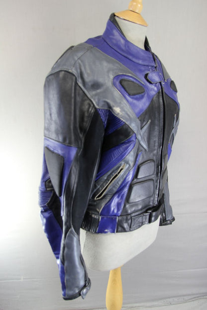 CLASSIC BLACK, BLUE & SILVER LEATHER BIKER JACKET 38 INCH/SMALL