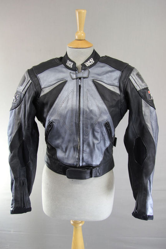IXS LADIES BLACK & SILVER LEATHER BIKER JACKET + SHOULDER & ELBOW CE ARMOUR 32"