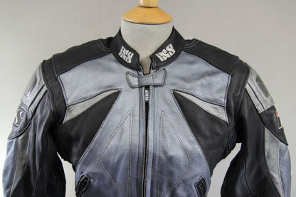 IXS LADIES BLACK & SILVER LEATHER BIKER JACKET + SHOULDER & ELBOW CE ARMOUR 32"