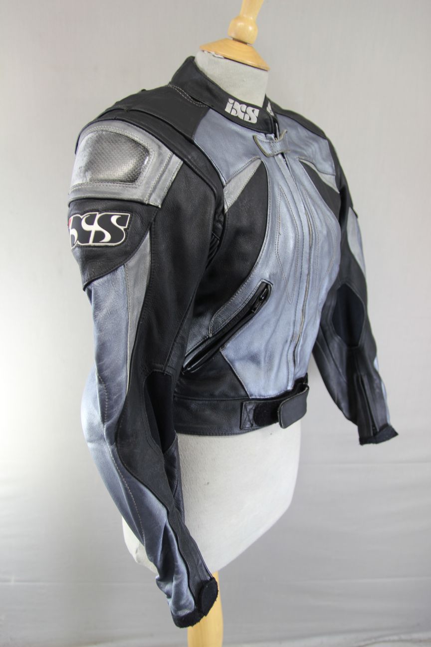 IXS LADIES BLACK & SILVER LEATHER BIKER JACKET + SHOULDER & ELBOW CE ARMOUR 32"
