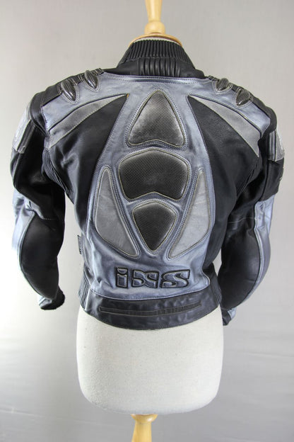 IXS LADIES BLACK & SILVER LEATHER BIKER JACKET + SHOULDER & ELBOW CE ARMOUR 32"