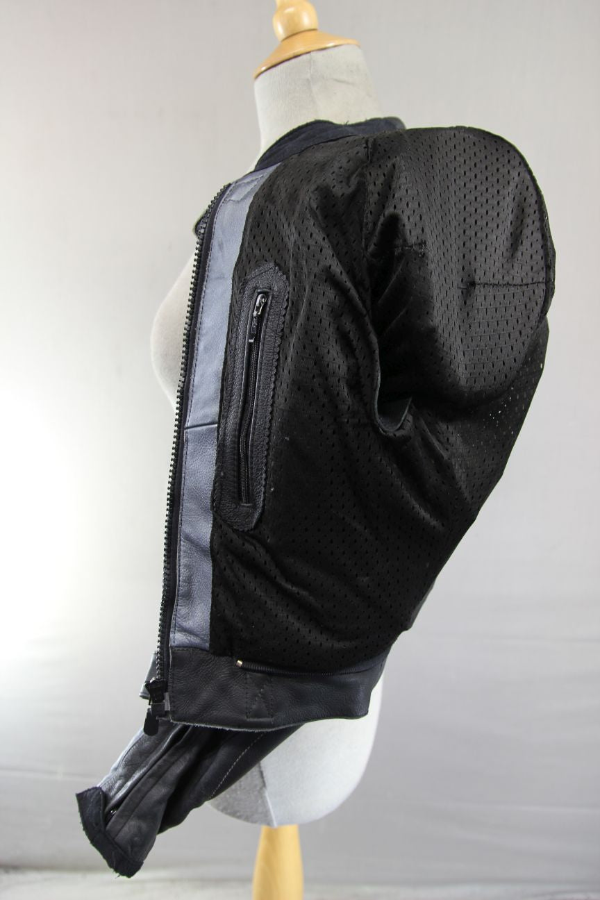 IXS LADIES BLACK & SILVER LEATHER BIKER JACKET + SHOULDER & ELBOW CE ARMOUR 32"
