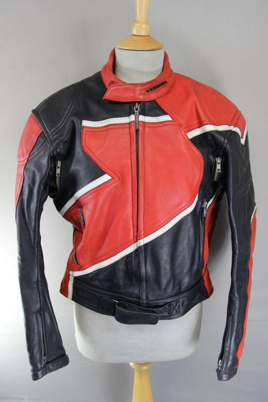 VINTAGE TEKNIC BLACK, RED & WHITE LEATHER BIKER JACKET 38-40 INCH CHEST