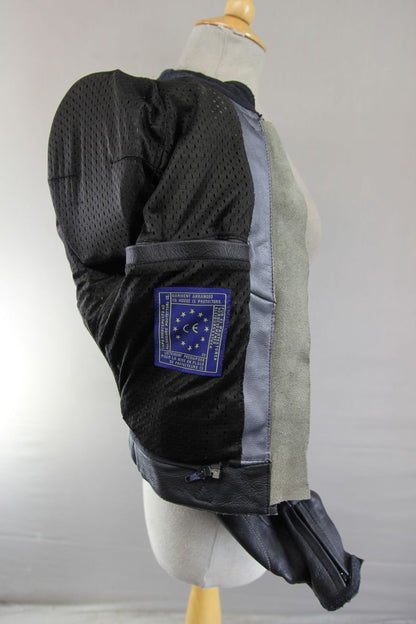 IXS LADIES BLACK & SILVER LEATHER BIKER JACKET + SHOULDER & ELBOW CE ARMOUR 32"