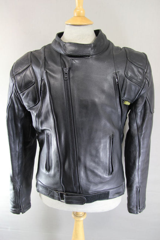 OSX BLACK LEATHER BIKER JACKET WITH REMOVABLE CE ARMOUR 42-44 INCH CHEST