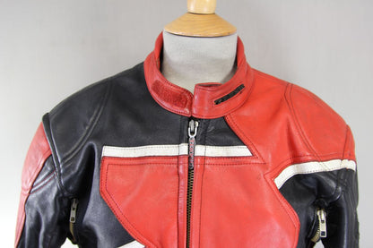 VINTAGE TEKNIC BLACK, RED & WHITE LEATHER BIKER JACKET 38-40 INCH CHEST