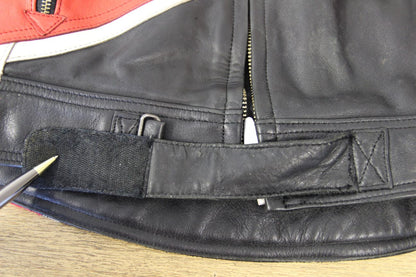 VINTAGE TEKNIC BLACK, RED & WHITE LEATHER BIKER JACKET 38-40 INCH CHEST