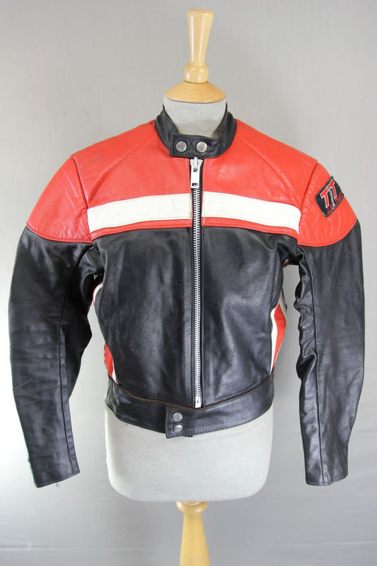 VINTAGE 1970's BLACK, RED & WHITE TT LEATHERS BRITISH MADE BIKER JACKET 38 INCH