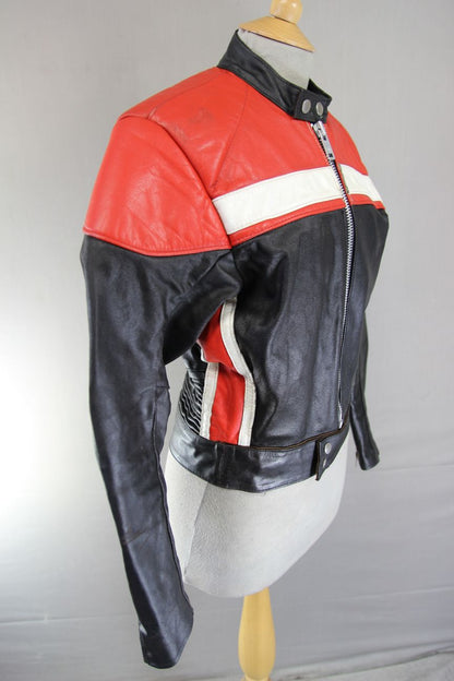 VINTAGE 1970's BLACK, RED & WHITE TT LEATHERS BRITISH MADE BIKER JACKET 38 INCH