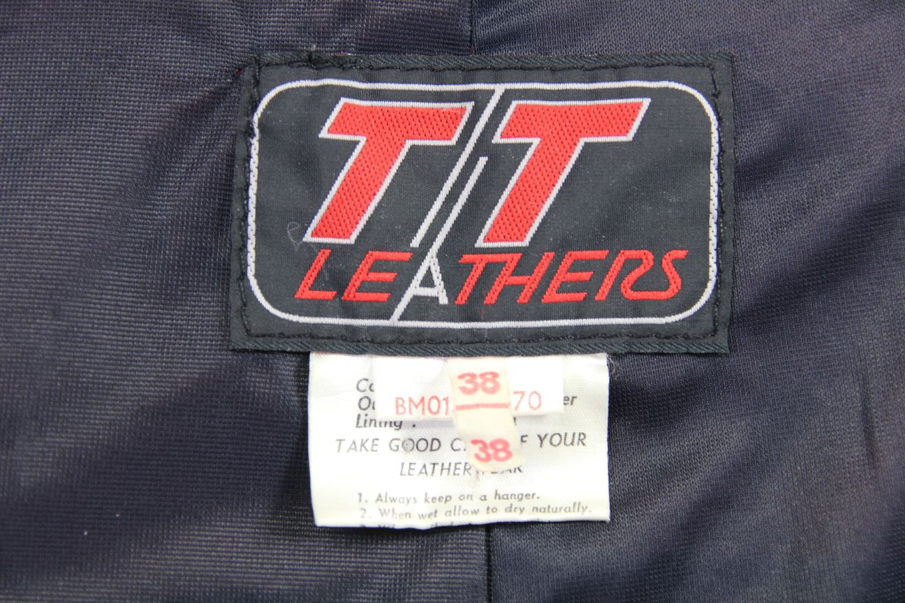 VINTAGE 1970's BLACK, RED & WHITE TT LEATHERS BRITISH MADE BIKER JACKET 38 INCH