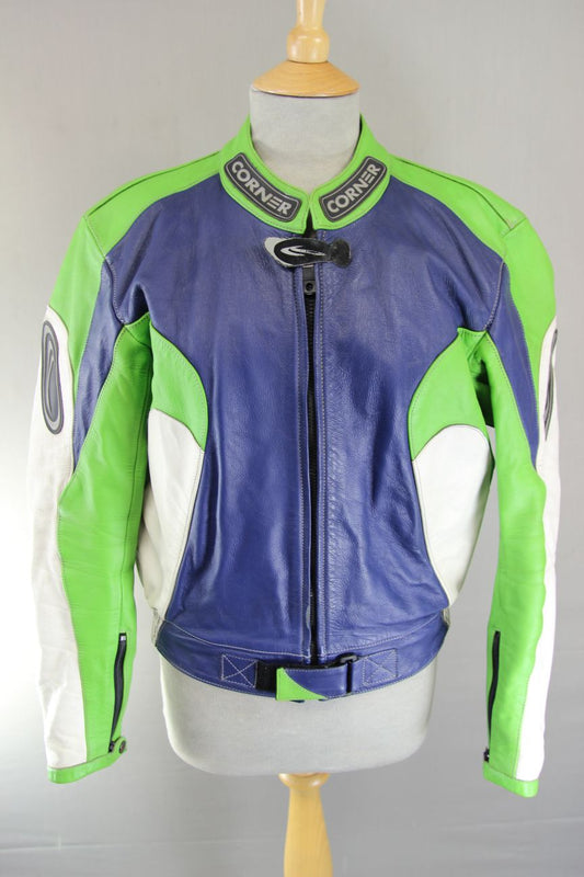 CORNER RACING/SPORTS BLUE, GREEN & WHITE LEATHER BIKER JACKET: 38-40 INCH CHEST