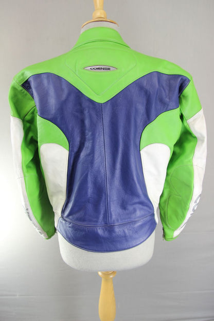 CORNER RACING/SPORTS BLUE, GREEN & WHITE LEATHER BIKER JACKET: 38-40 INCH CHEST