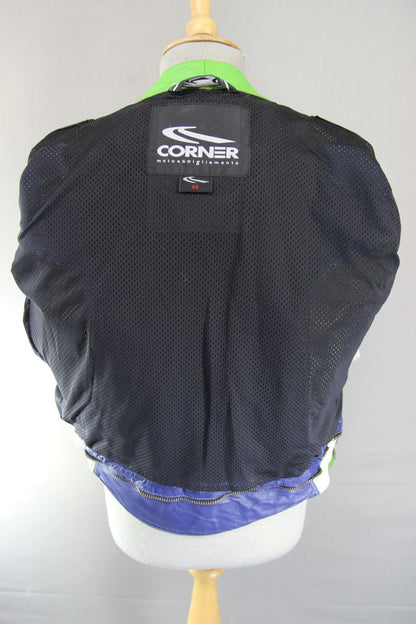 CORNER RACING/SPORTS BLUE, GREEN & WHITE LEATHER BIKER JACKET: 38-40 INCH CHEST