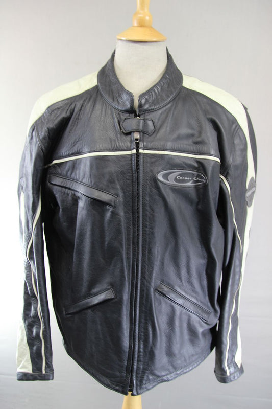 CORNER CLASSIC BLACK & IVORY LEATHER BIKER JACKET 46 INCH CHEST/XL
