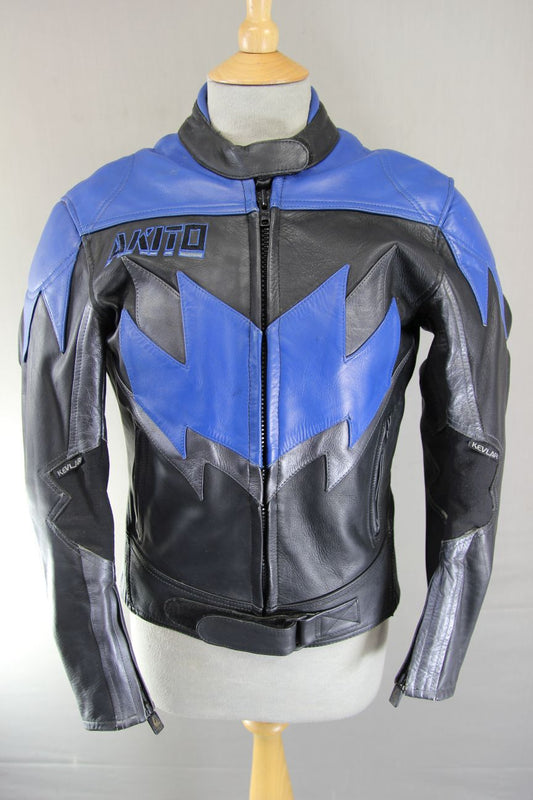 AKITO BLACK, BLUE & SILVER LEATHER BIKER JACKET WITH PROTECTORS: SIZE 12