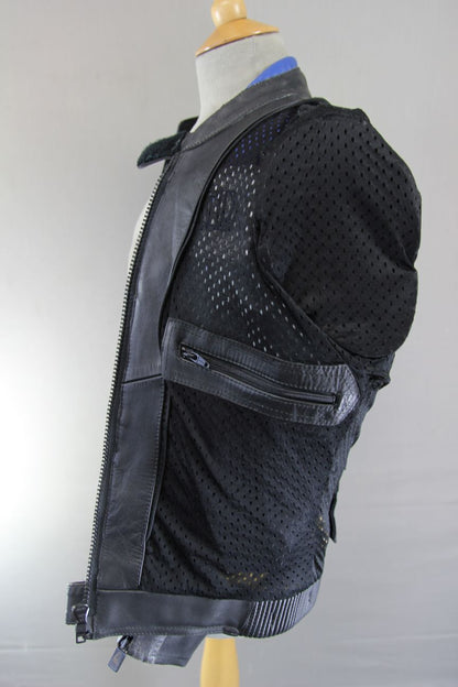 AKITO BLACK, BLUE & SILVER LEATHER BIKER JACKET WITH PROTECTORS: SIZE 12