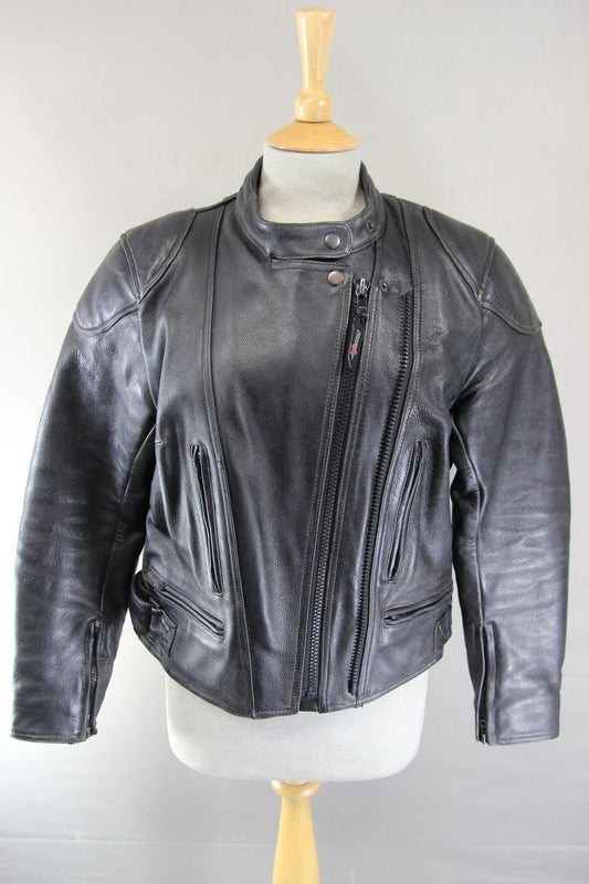 RST BRITISH DESIGNED BLACK COWHIDE LEATHER BIKER JACKET + BACK PROTECTOR SIZE 12