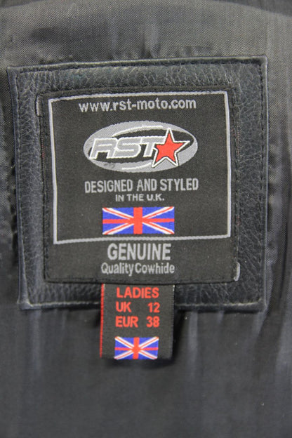 RST BRITISH DESIGNED BLACK COWHIDE LEATHER BIKER JACKET + BACK PROTECTOR SIZE 12