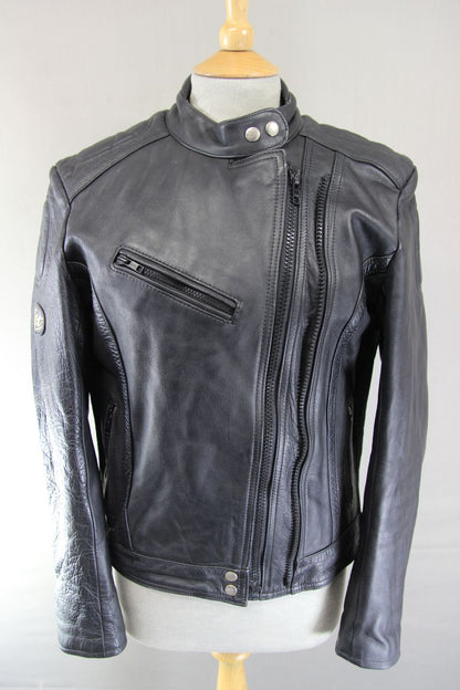 LADIES VINTAGE KETT CLASSIC BLACK COWHIDE LEATHER BIKER JACKET: SIZE 14