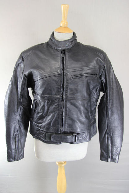 ASHMAN BLACK COWHIDE LEATHER BIKER JACKET + BACK & SHOULDER PROTECTORS: SIZE 18