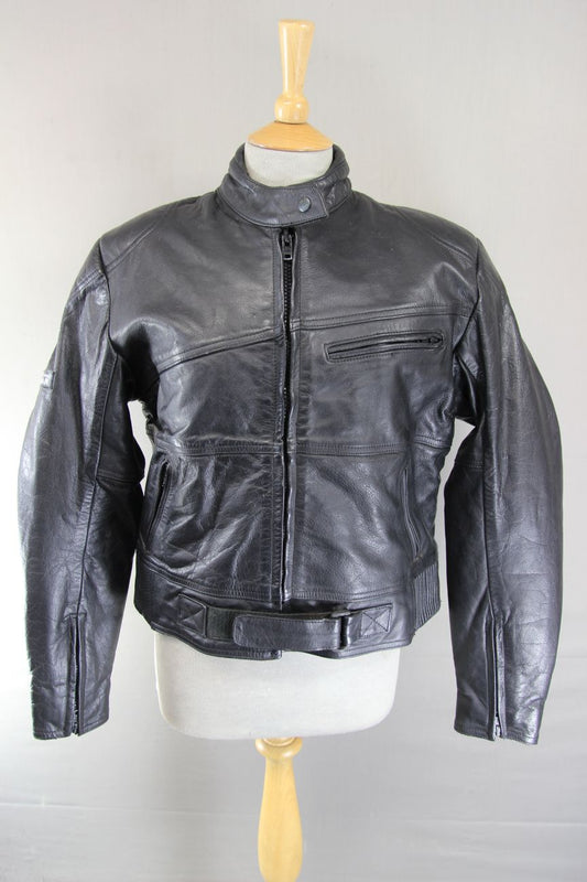 ASHMAN BLACK COWHIDE LEATHER BIKER JACKET + BACK & SHOULDER PROTECTORS: SIZE 18
