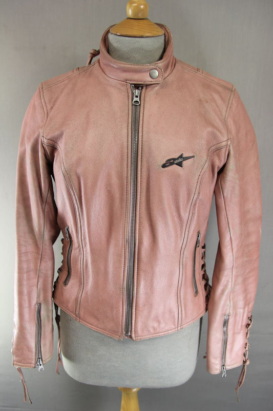 ALPINESTARS STELLA PINK LEATHER BIKER JACKET: SIZE 10/MEDIUM/32-34 INCH CHEST