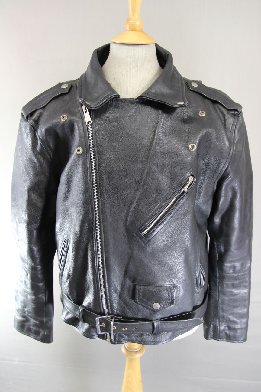 VINTAGE 1970's/1980's PUNK ROCK SKIN COWHIDE LEATHER BLACK BIKER JACKET 44-46 IN