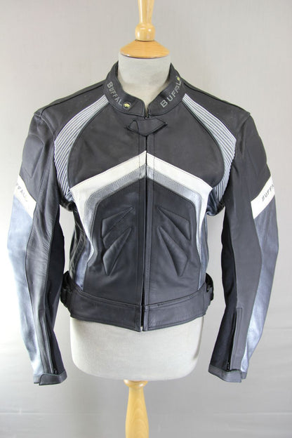 BUFFALO BLACK & SILVER LEATHER BIKER JACKET WITH REMOVABLE CE ARMOUR: SIZE 14