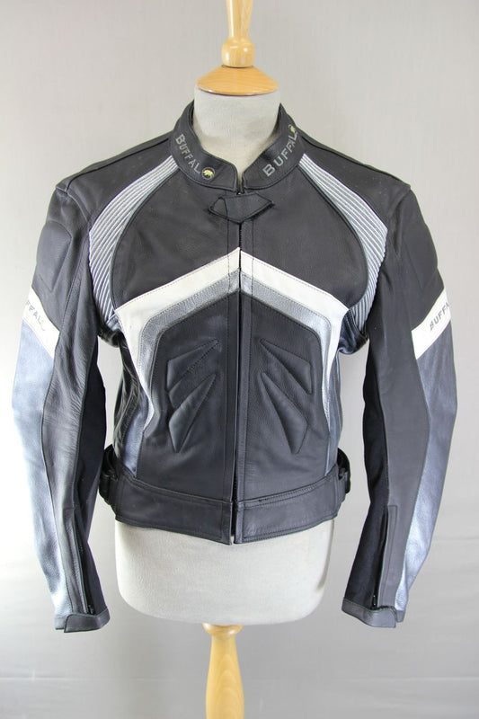 BUFFALO BLACK & SILVER LEATHER BIKER JACKET WITH REMOVABLE CE ARMOUR: SIZE 14
