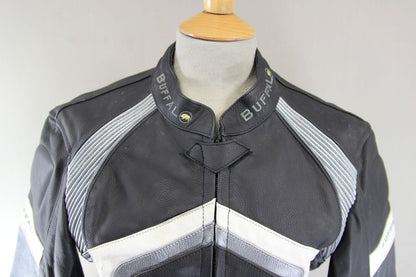BUFFALO BLACK & SILVER LEATHER BIKER JACKET WITH REMOVABLE CE ARMOUR: SIZE 14