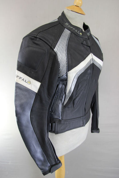 BUFFALO BLACK & SILVER LEATHER BIKER JACKET WITH REMOVABLE CE ARMOUR: SIZE 14
