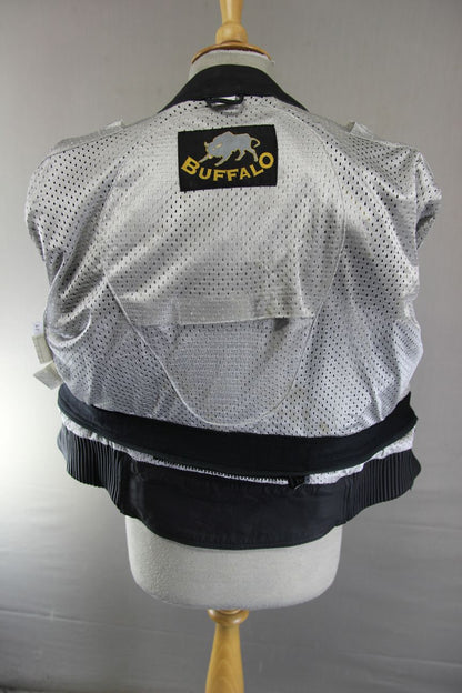 BUFFALO BLACK & SILVER LEATHER BIKER JACKET WITH REMOVABLE CE ARMOUR: SIZE 14