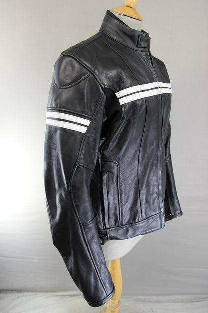 PRO FIRST LADIES BLACK & WHITE LEATHER BIKER JACKET WITH CE ARMOUR 38-40 IN/XXL