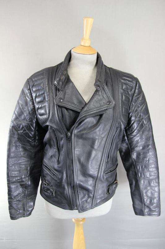 ROCHELLE DESIGN CLASSIC BLACK LEATHER BIKER JACKET WITH FOLD DOWN COLLARS 38-40"