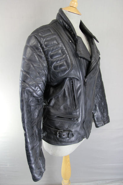 ROCHELLE DESIGN CLASSIC BLACK LEATHER BIKER JACKET WITH FOLD DOWN COLLARS 38-40"
