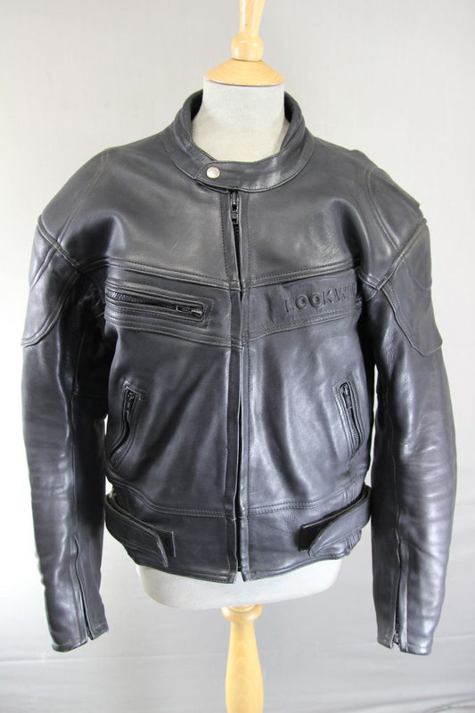 LOOKWELL BLACK LEATHER BIKER JACKET WITH REMOVABLE PROTECTORS 42 INCH/LARGE
