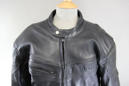 LOOKWELL BLACK LEATHER BIKER JACKET WITH REMOVABLE PROTECTORS 42 INCH/LARGE