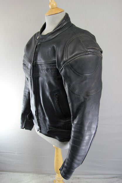 LOOKWELL BLACK LEATHER BIKER JACKET WITH REMOVABLE PROTECTORS 42 INCH/LARGE