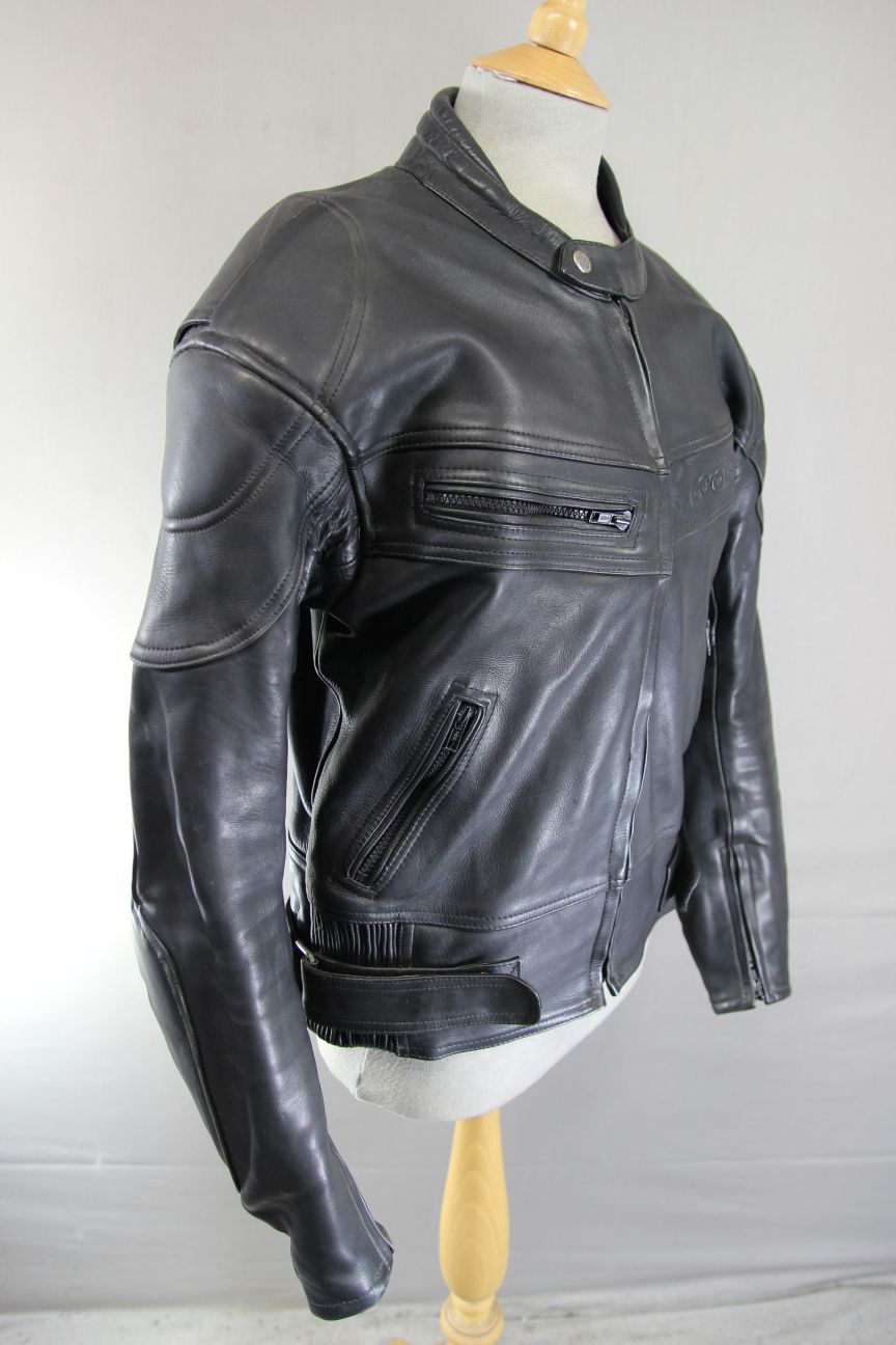 LOOKWELL BLACK LEATHER BIKER JACKET WITH REMOVABLE PROTECTORS 42 INCH/LARGE