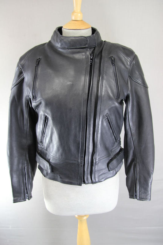 ASHMAN BLACK COWHIDE LEATHER BIKER JACKET + PROTECTORS & THERMAL LINING: SIZE 12