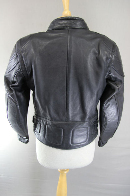 ASHMAN BLACK COWHIDE LEATHER BIKER JACKET + PROTECTORS & THERMAL LINING: SIZE 12