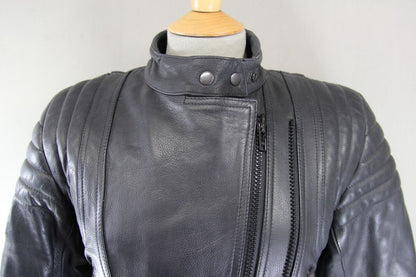 JTS LADIES BLACK LEATHER BIKER JACKET WITH BACK PROTECTOR SIZE XS 32-34 IN CHEST