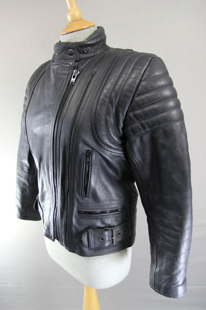 JTS LADIES BLACK LEATHER BIKER JACKET WITH BACK PROTECTOR SIZE XS 32-34 IN CHEST