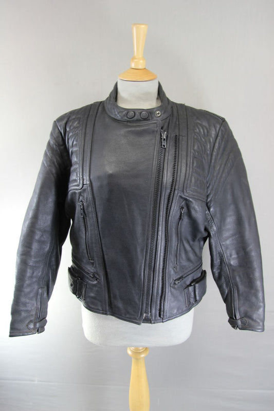 RIDER BLACK LEATHER BIKER JACKET WITH BACK PAD: SIZE 14/36-38"/EUROPEAN SIZE 40