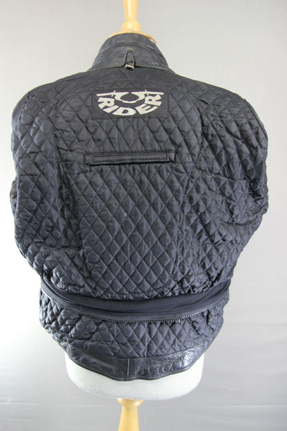 RIDER BLACK LEATHER BIKER JACKET WITH BACK PAD: SIZE 14/36-38"/EUROPEAN SIZE 40